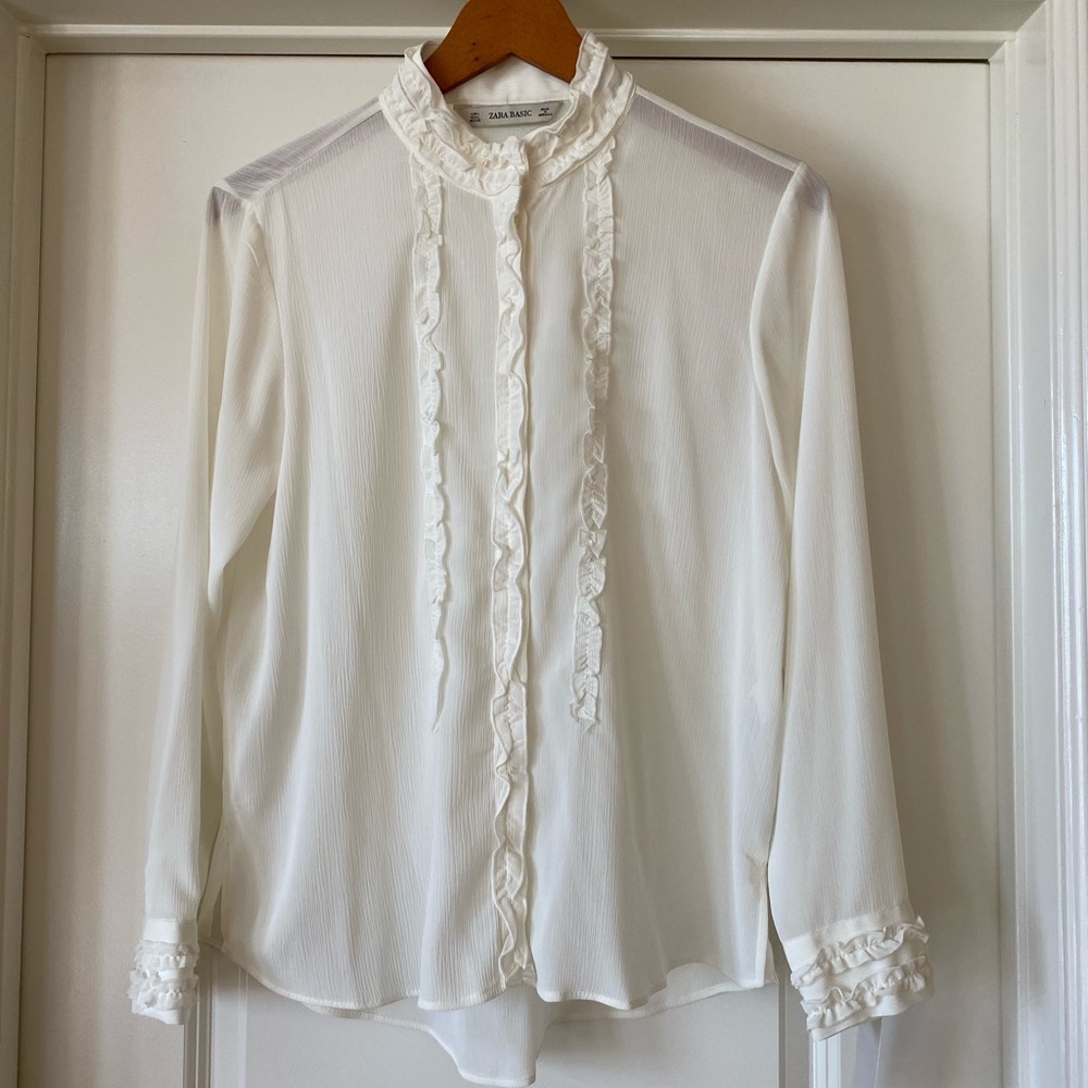 Zara cream blouse with ruffle detail
